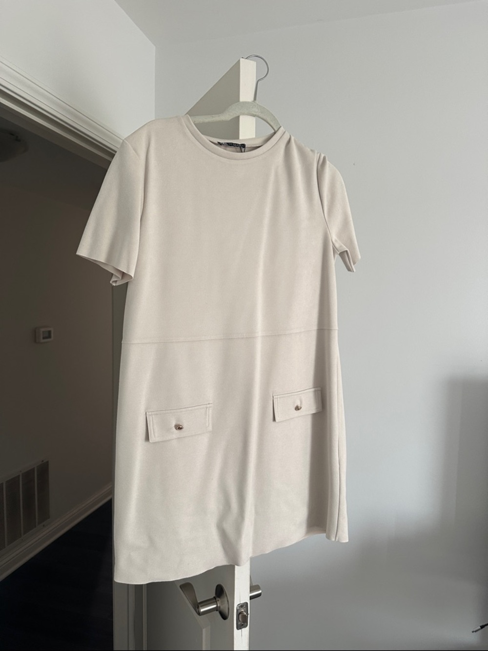 Zara Cream Short-Sleeve Shift Dress with Front Flap Pockets